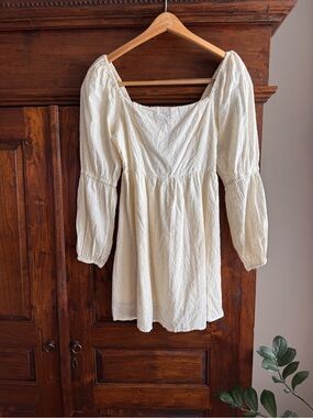 Forever 21 Cream Eyelet Babydoll Mini Dress Square Neck Smocked Peasant Style